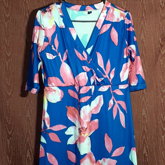 HAOOHU FLORAL MAXI DRESS WOMEN'S SIZE XL PINK BLUE V-NECK - Picture 2 of 10